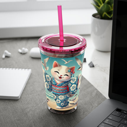 Geisha Kitten by the Seaside Sunsplash Tumbler with Straw, 16oz