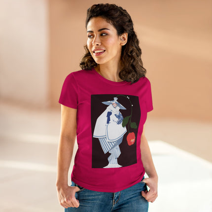 Blue & White Porcelain Geisha Women's Midweight Cotton Tee – Refined Elegance & Timeless Charm