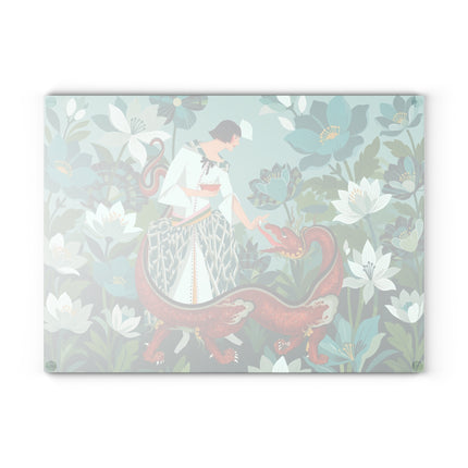 🐉🌿 The Lady And The Crimson Dragon Glass Cutting Board – Art Deco Garden Fantasy