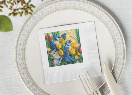 Blue Jays in a Spring Garden White Coined Napkins