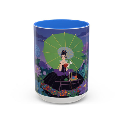 The Lady Of The Moonlit Needlework Colorful Mugs – Art Deco Crafting Elegance