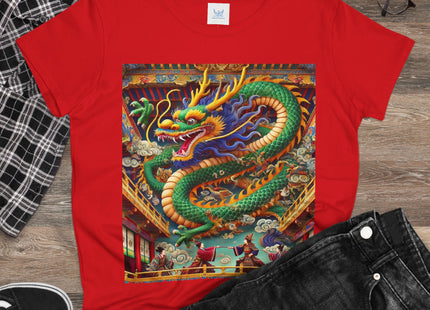 Tibetan Dragon Over Kabuki Duel Women's Midweight Cotton Tee