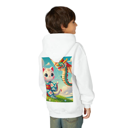 Geisha Kitten and the Dragon Kite Youth Hooded Sweatshirt – Bold Energy & Sky-High Adventure