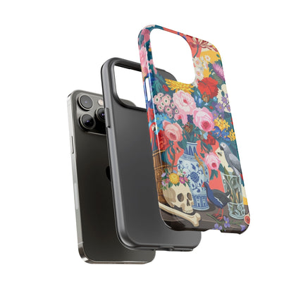 Floral Vanitas Phone Case – Parrot & Porcelain Splendor