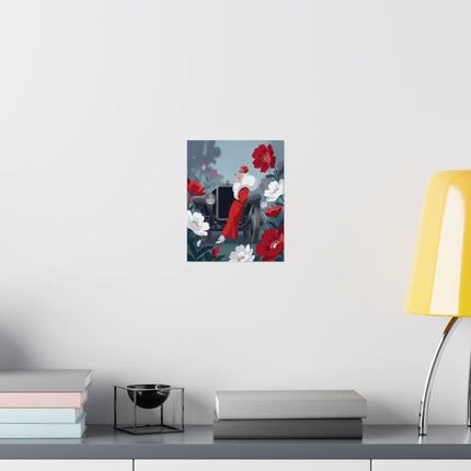 ❤️🚘 The Lady Of The Red Roadster Matte Vertical Poster – Art Deco Motoring Elegance