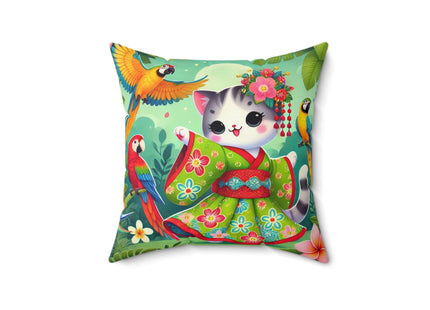 Parrot Dance of the Geisha Kitten Spun Polyester Square Pillow