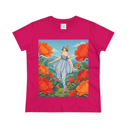 🌺🩵 The Poppy Hill Promenade Cotton Tee – Art Deco Fashion Whimsy