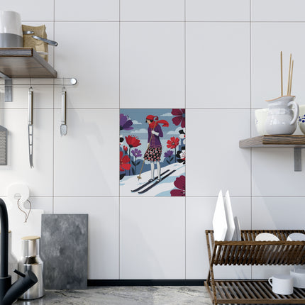 🎿🌺 The Winter Flower Skier Ceramic Tile – Art Deco Alpine Fantasy
