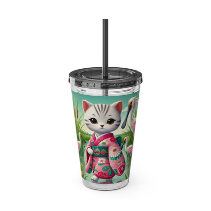 Geisha Kitten Strolls Among the Spoonbills Sunsplash Tumbler with Straw, 16oz