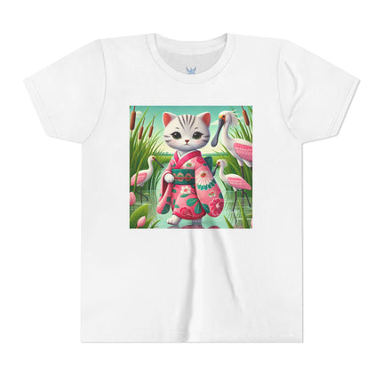 Geisha Kitten Strolls Among the Spoonbills Youth Short Sleeve Tee