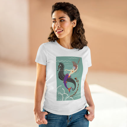 Mermaid on Seahorse Women's Midweight Cotton Tee – Dreamy Ocean Fantasy