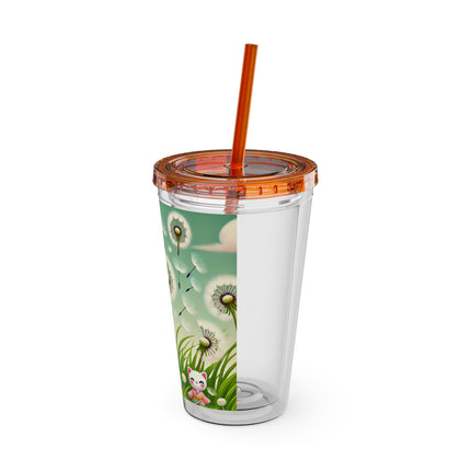 Geisha Kitten and the Dandelion Wish Sunsplash Tumbler with Straw, 16oz