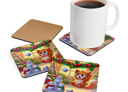 Naughty or Nice Kitten Christmas Corkwood Coaster Set