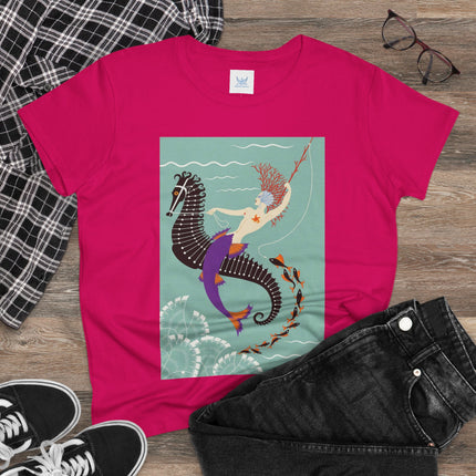Mermaid on Seahorse Women's Midweight Cotton Tee – Dreamy Ocean Fantasy