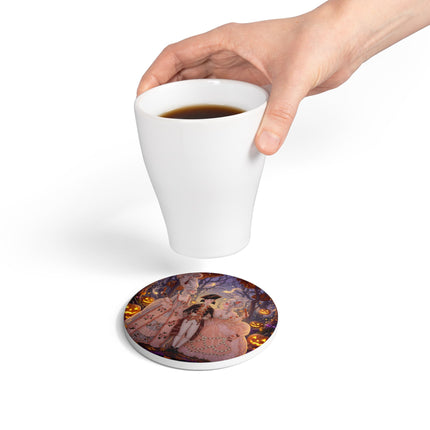 🎃🌙 The Midnight Court Of Pumpkin Grove Ceramic Coaster – Elegant Halloween Masquerade