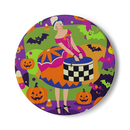 🍬🎃 The Lady Of Candy Corn Hollow Ceramic Coaster – Colorful Halloween Charm