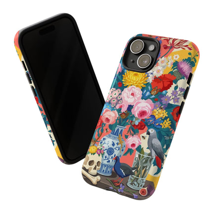 Floral Vanitas Phone Case – Parrot & Porcelain Splendor