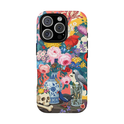 Floral Vanitas Phone Case – Parrot & Porcelain Splendor