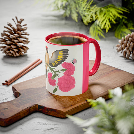Goldfinch & Pink Flowers Colorful Mugs – Vibrant Spring & Bold Beauty