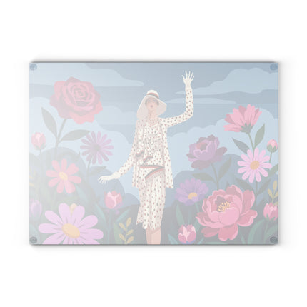 🌹☁️ The Lady Of The Rose Garden Glass Cutting Board – Art Deco Floral Fashion Elegance