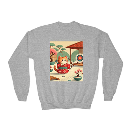 Archer Kitten in the Zen Garden Youth Crewneck Sweatshirt – Focus, Calm & Playful Precision