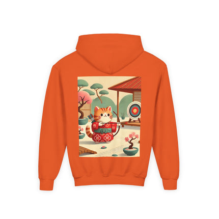 Archer Kitten in the Zen Garden Youth Hooded Sweatshirt – Calm Focus & Playful Strength
