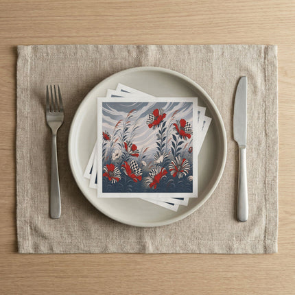 ❤️🖤 The Scarlet Harlequin Blossom Garden Napkins – Art Deco Botanical Whimsy