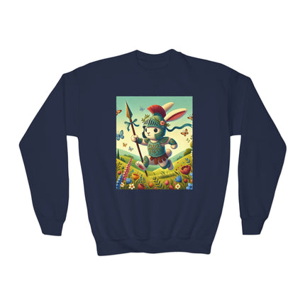 Rabbit Gladiator Youth Crewneck Sweatshirt – Courage, Adventure & Playful Charm