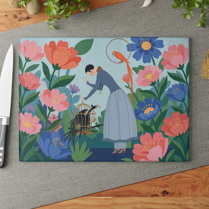 🌺🦜 The Lady Of The Enchanted Aviary Glass Cutting Board – Art Deco Floral Garden