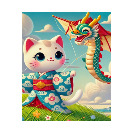 🪁🐉 Geisha Kitten and the Dragon Kite Matte Vertical Poster – Joyful Flight & Dragon Spirit