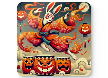 Jack-O’-Lantern Drums & The Kabuki Rabbit Corkwood Coaster Set