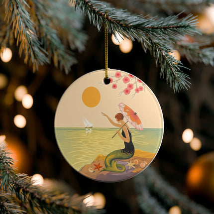 🧜‍♀️☂️ The Mermaid With The Parasol Ceramic Ornament – Art Deco Seaside Fantasy