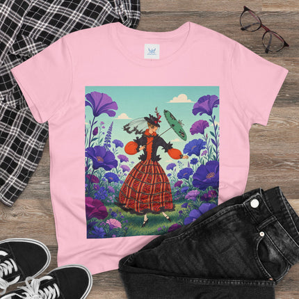 🌺✨ The Enchanted Flower Promenade Cotton Tee – Art Deco Fashion Whimsy