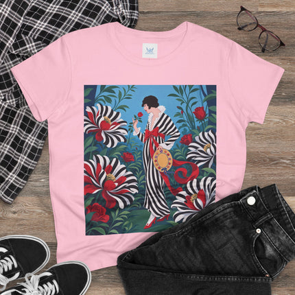 ❤️🌹 The Scarlet Striped Garden Cotton Tee – Art Deco Fashion Illustration
