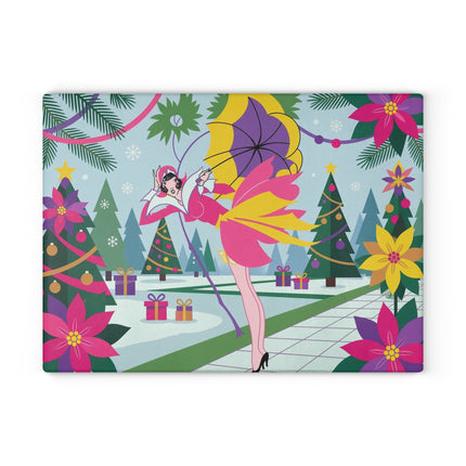 🌂✨ The Lady Of The Enchanted Christmas Garden Glass Cutting Board – Art Deco Holiday Fantasy