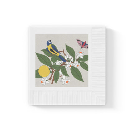Blue Tit & Butterfly White Coined Napkins – Spring Harmony & Delicate Beauty
