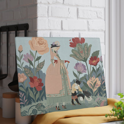 🌸🐈 The Lady And Puss In Boots Glass Cutting Board – Art Deco Floral Fashion Fantasy