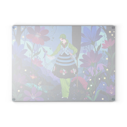 🌙🌸 The Lady Of The Firefly Garden Glass Cutting Board – Art Deco Midnight Floral Fantasy