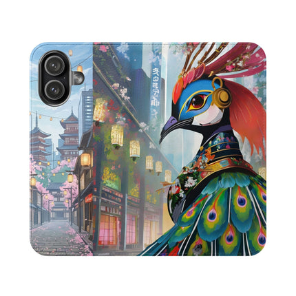 🦚🌸 Techno Plumes Peacock Flip Case – Neon Elegance & Sakura Dreams