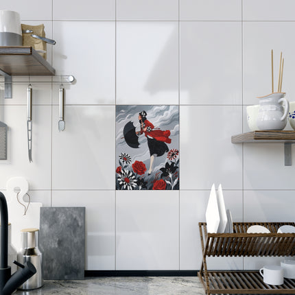 🌹☂️ The Lady In The Storm Ceramic Tile – Art Deco Floral Drama