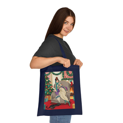 🔥🎄 The Lady Of The Christmas Hearth Cotton Tote Bag – Art Deco Holiday Warmth