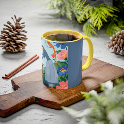 The Lady And The Mysterious Bird Colorful Mugs – Art Deco Botanical Mystery