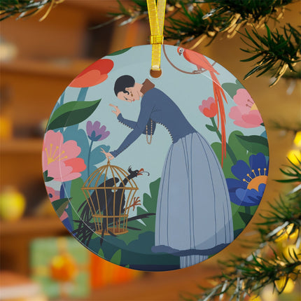 🪶🌸 The Lady And The Mysterious Bird Glass Ornament – Art Deco Botanical Mystery