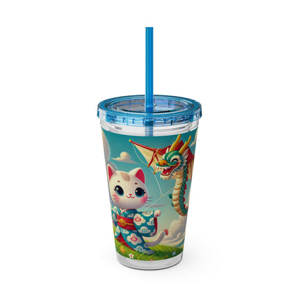 Geisha Kitten and the Dragon Kite Sunsplash Tumbler with Straw, 16oz