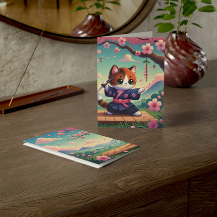 🐱🌸 The Cherry Blossom Samurai Kitten Greeting Card – Whimsical Warrior Charm