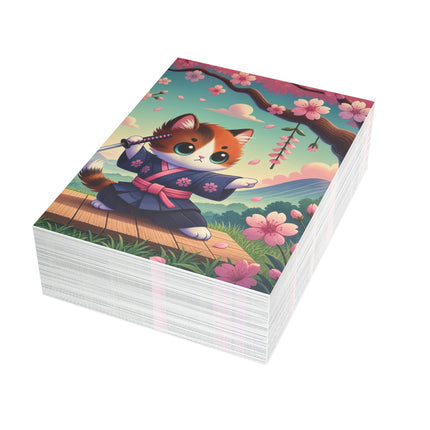 🐱🌸 The Cherry Blossom Samurai Kitten Greeting Card – Whimsical Warrior Charm