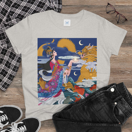 Dragon Pearl Offering Women's Midweight Cotton Tee – Mystical Fantasy & Golden Grace
