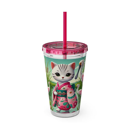 Geisha Kitten Strolls Among the Spoonbills Sunsplash Tumbler with Straw, 16oz