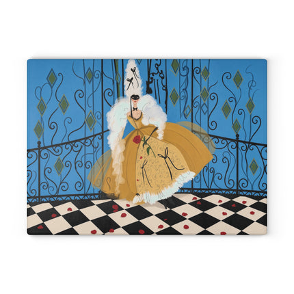 🎭🌹 The Rose Masquerade Glass Cutting Board – Art Deco Venetian Elegance