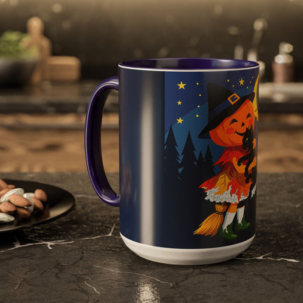 🎃🐈‍⬛ The Little Pumpkin Witch And Her Black Cat Colorful Mug – Whimsical Halloween Charm